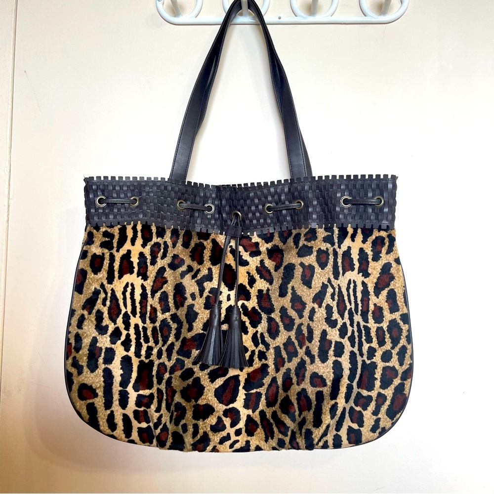 LANCOME Leopard Animal Print Shoulder Bag Tote Bag Drawstring/Snap Closu…